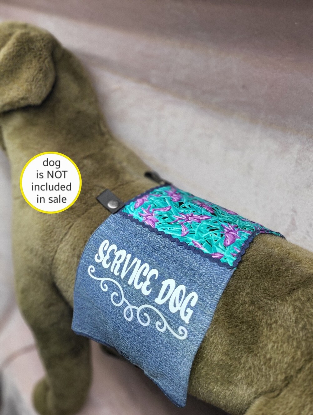 Service Dog Denim Cape with Teal & Purple Floral Accent. Easy To Read